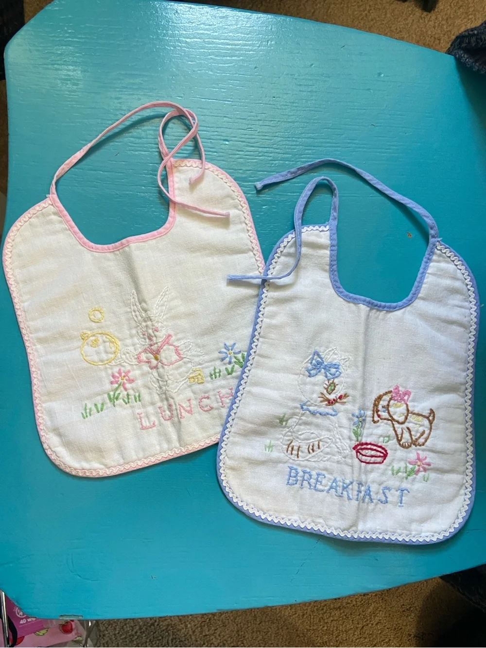 Embroidered Baby Bibs Vintage in Pink & Blue Trim with Bunny and Kitty and Puppy
